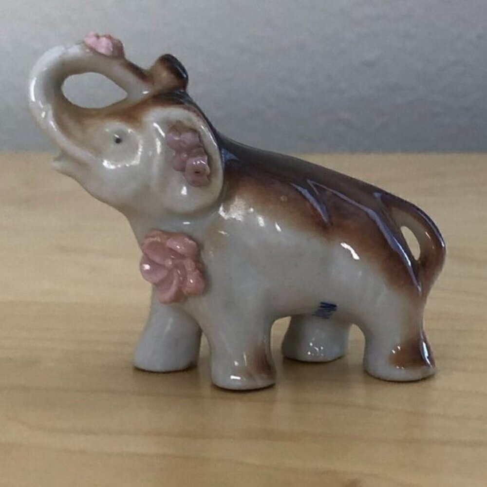 Vintage Porcelain Trunk Up Elephant Figurine with Pink Flowers Kawii 4" High